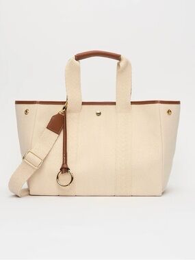 Cream Canvas Tote with Brown Trim and Gold Ring Accent